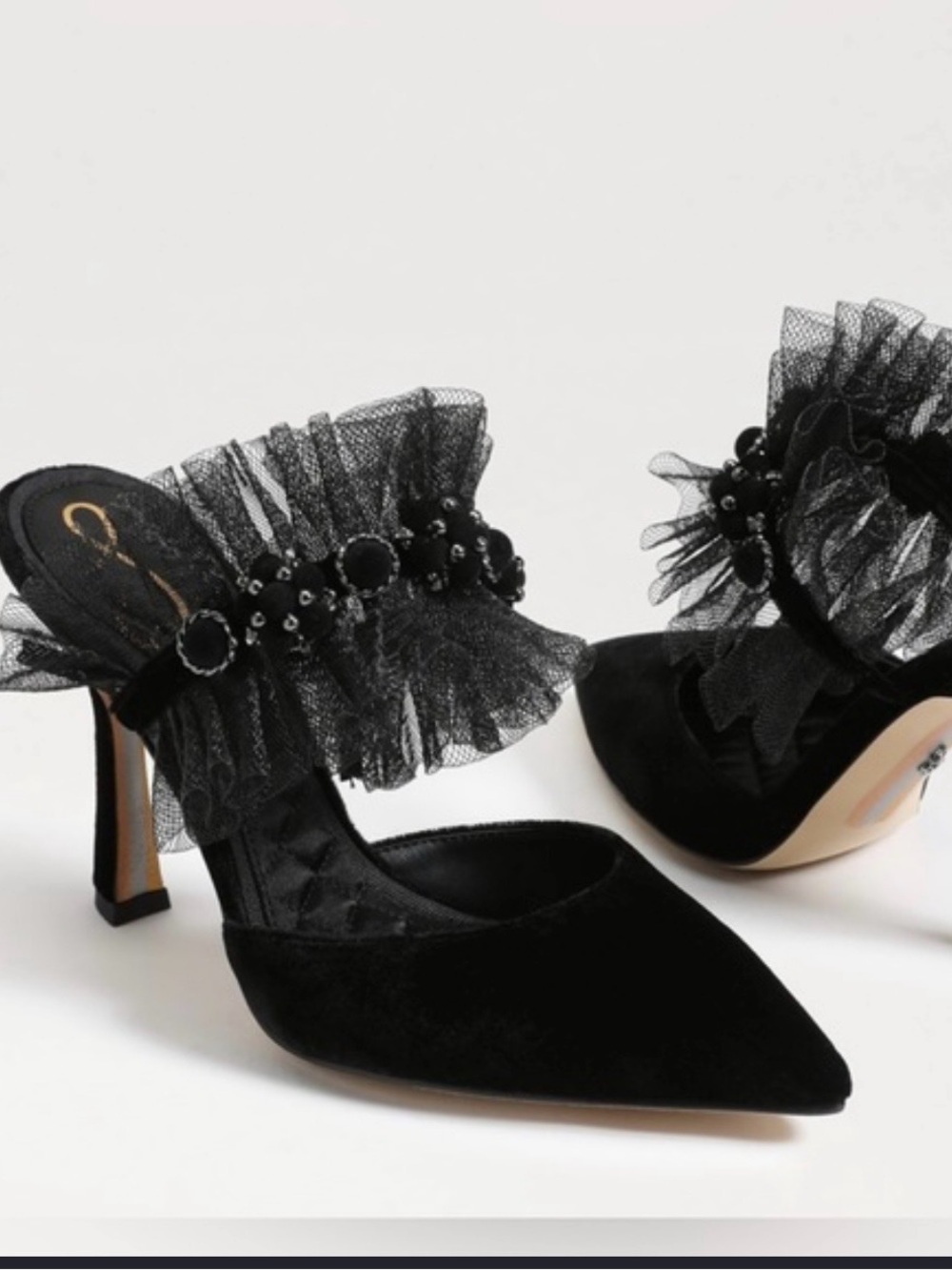 Sam Edelman Black Pointed-Toe Heels with Tulle & Beaded Ankle Accent